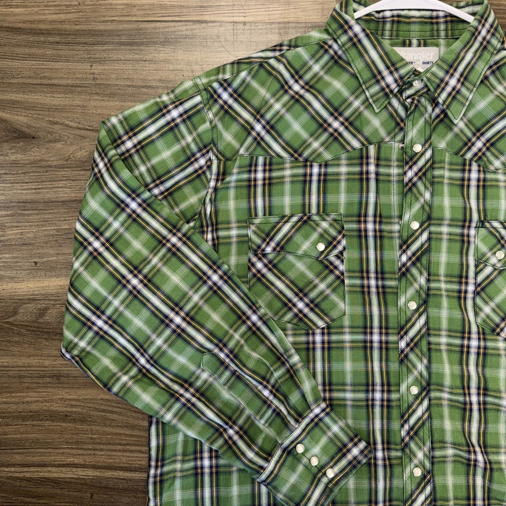 Vintage Wrangler Western Shirt Wrancher Plaid Green Pearl Snaps XL Mens - Picture 2 of 8